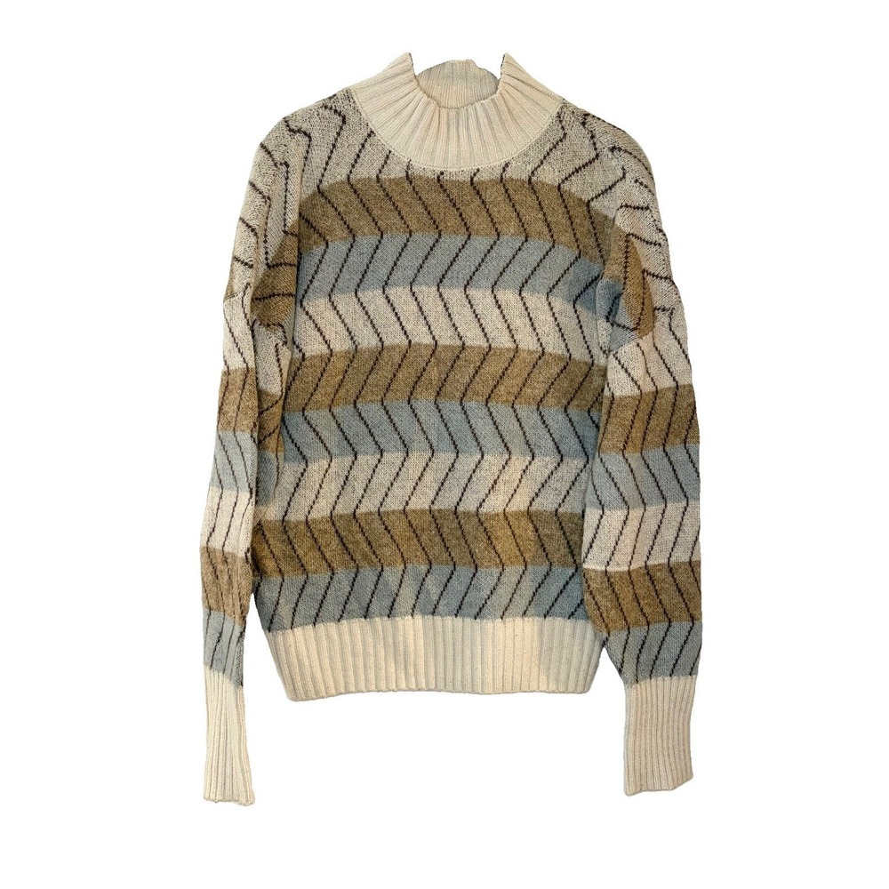 Lime Collection Angora Blend Soft Beige Grandpa Striped Mock Neck Sweater Vtg XS